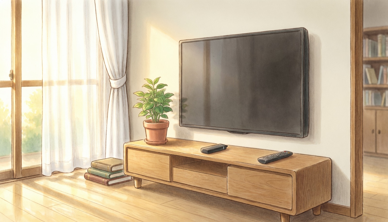 A modern home entertainment setup with TV on a console