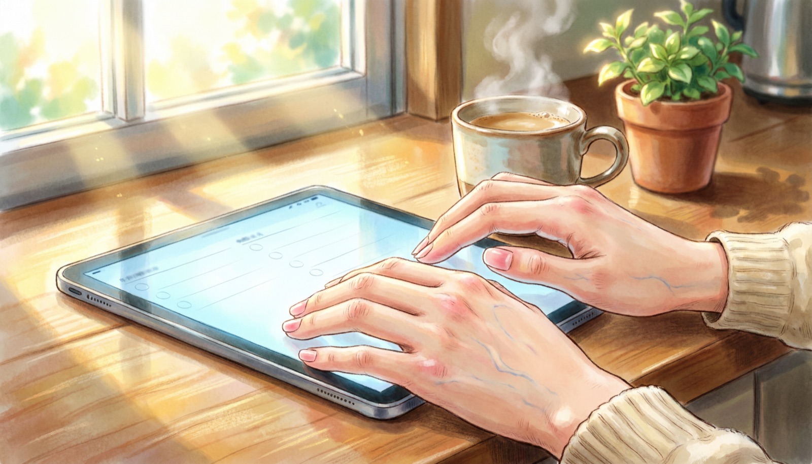 Hands using a tablet on a kitchen counter in morning light